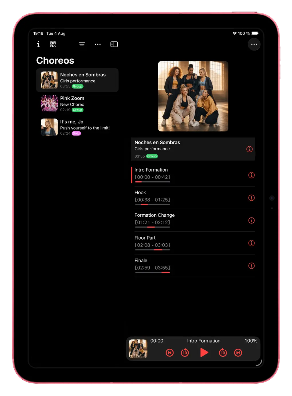 Choreo Player showing choreography details and five named practice sections on an iPad