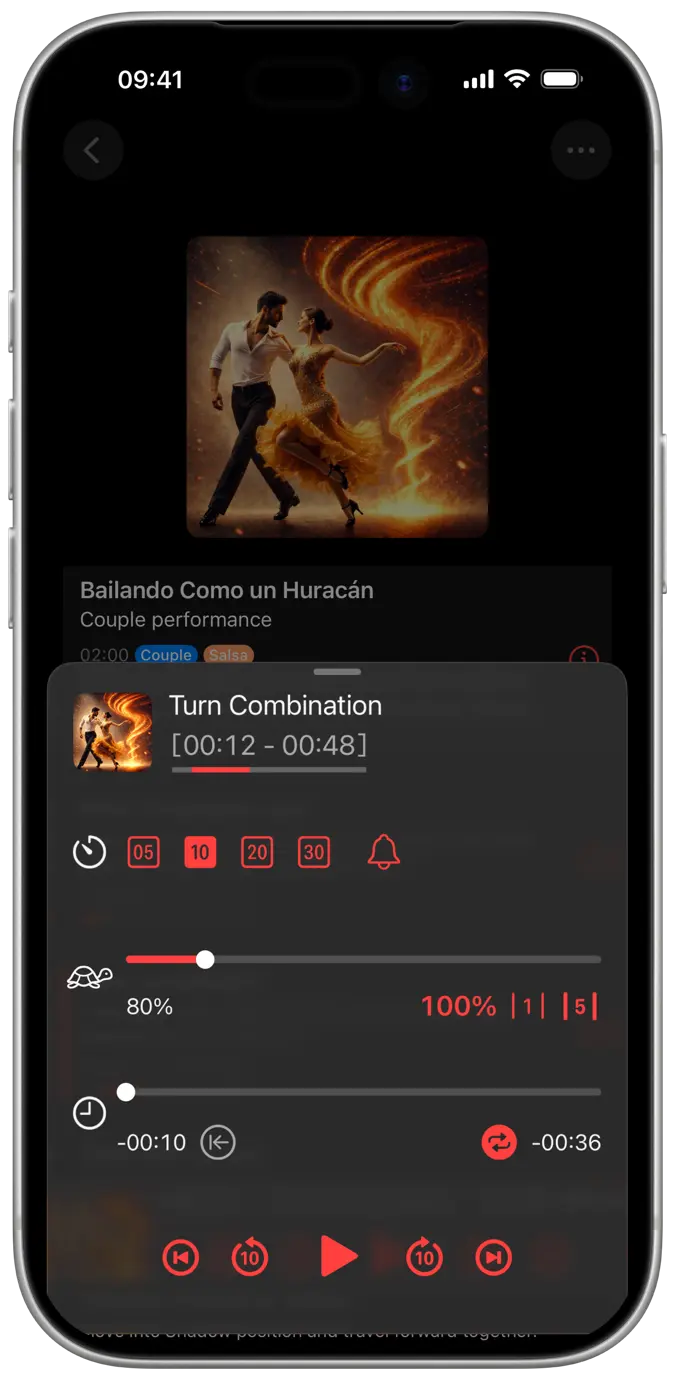 Choreo Player controls for start delay, playback speed and repeat mode on an iPhone