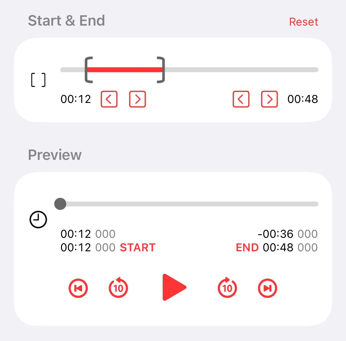 Controls for adjusting the start and end of a section with a player for previewing the selected interval