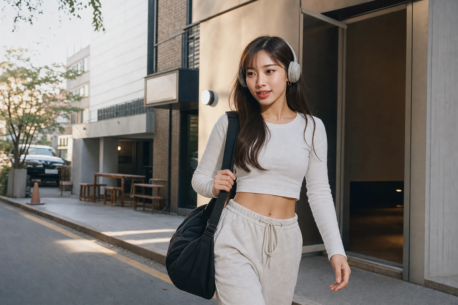 Hana Yoon arriving at a dance studio in Seoul with headphones and a training bag