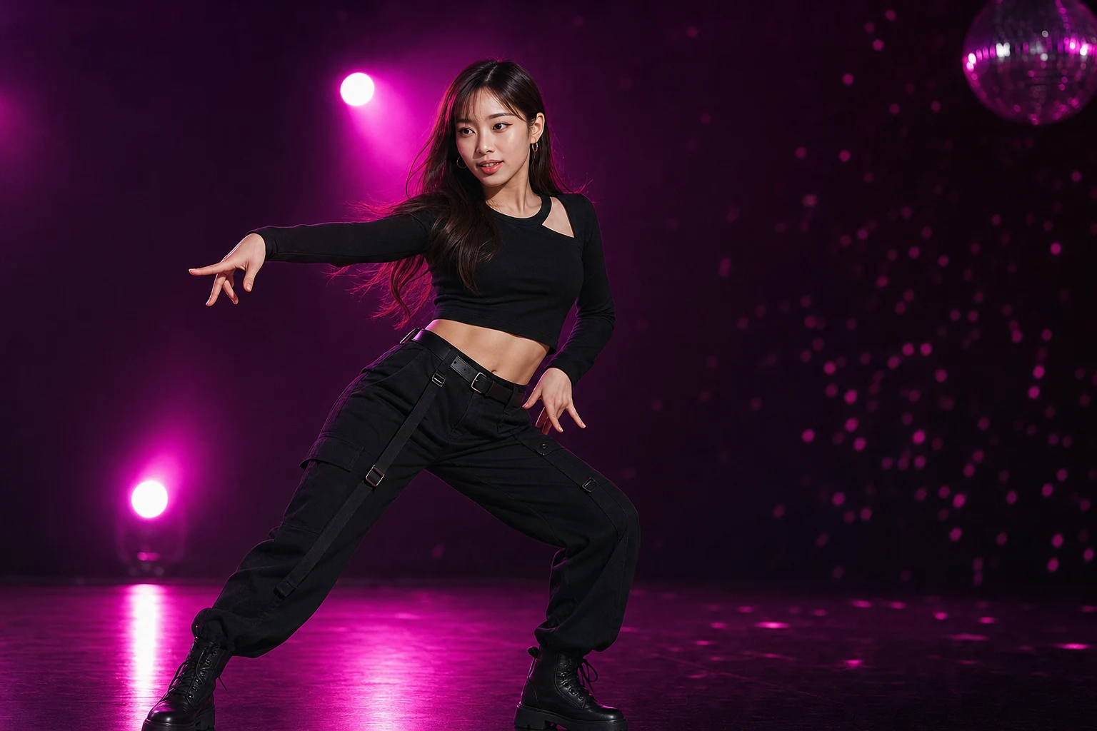 Hana Yoon performing a K-pop dance break under magenta stage lights