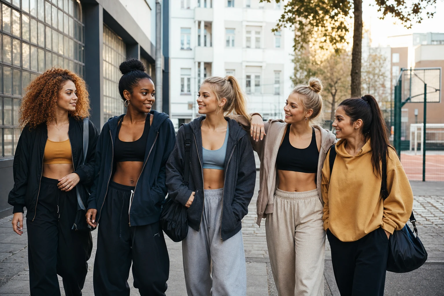 Nika, Amira, Jo, Liv and Maja walking together after training in Berlin
