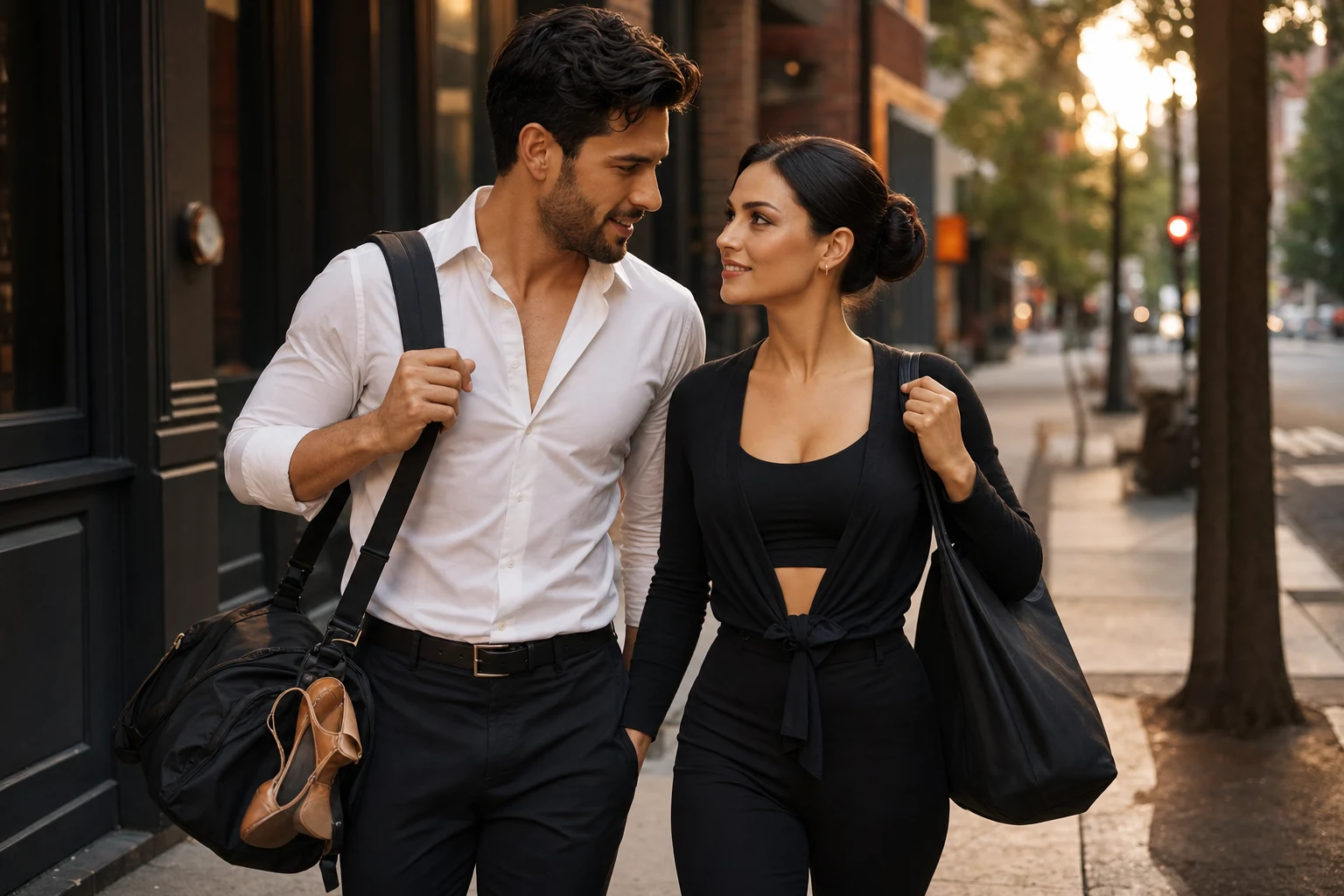 Lucía and Mateo walking to an evening rehearsal in New York