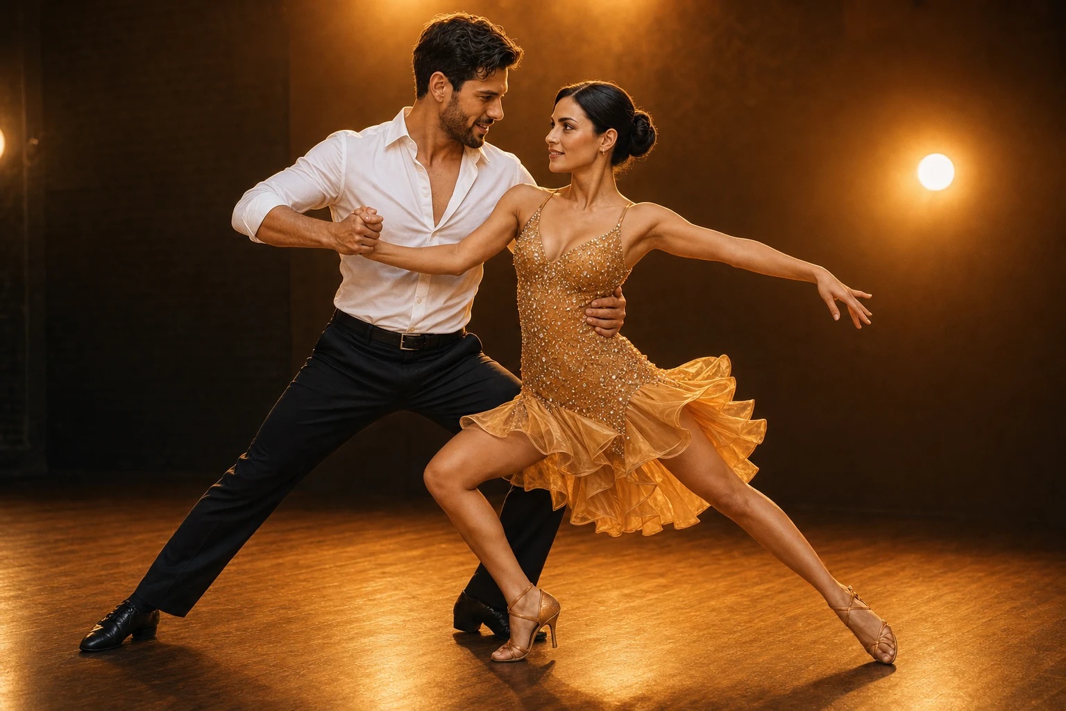 Lucía and Mateo performing a salsa movement under warm studio lights