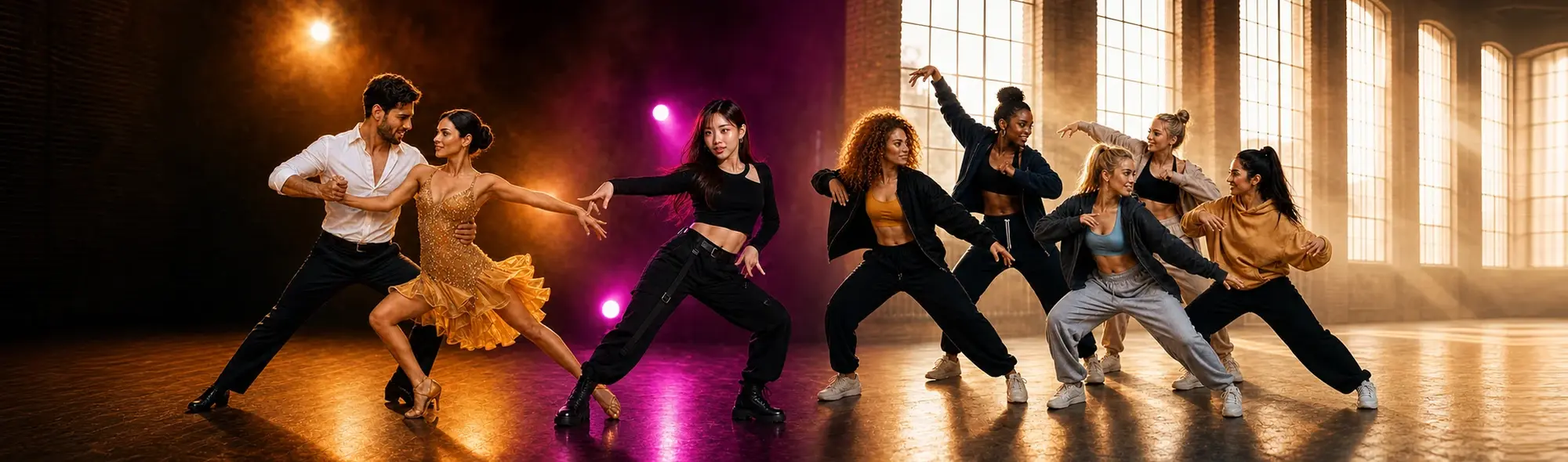 Dancers in atmospheric studio lighting